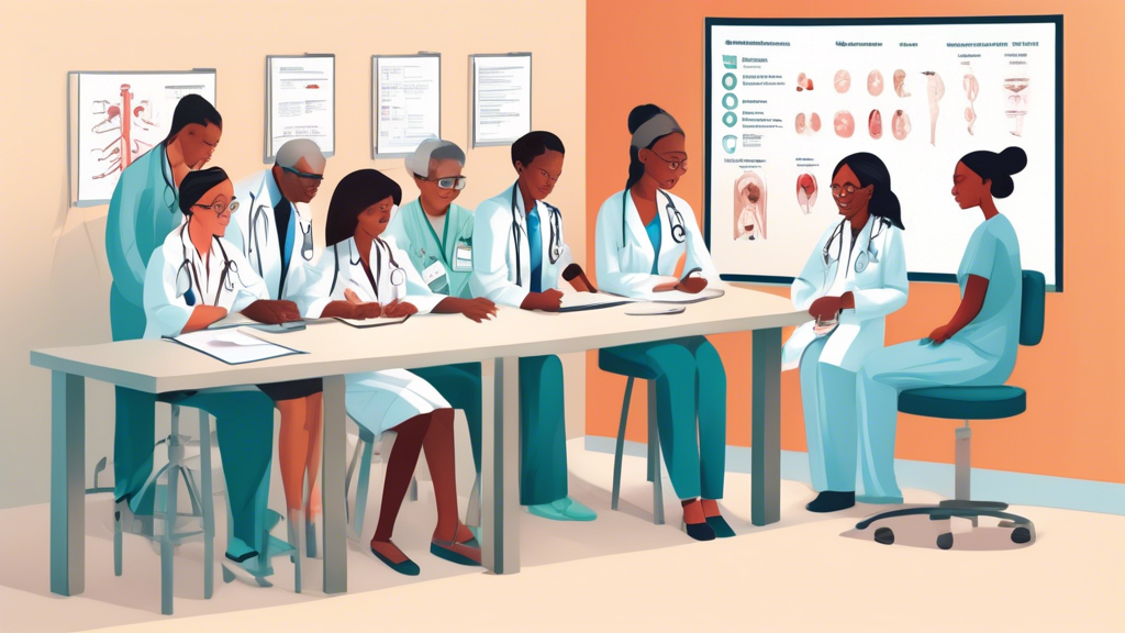 Create an illustration that depicts the DMV medical exam process, focusing on the common health conditions assessed. The image should include a diverse group of patients undergoing different parts of the exam such as vision tests, hearing tests, and cardiovascular check-ups. Show examination rooms with medical professionals evaluating the patients. Include details to indicate how conditions like diabetes, heart issues, and vision impairments are evaluated, and illustrate the implications of these conditions on driving eligibility.