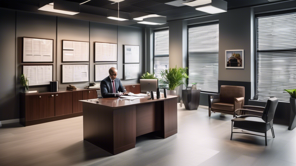 Create an image of a modern office interior where a professional auto injury attorney is having a consultation with a client. The attorney has their credentials and accolades displayed on the wall behind them, and the desk is organized with files, a laptop, and notes. The atmosphere is professional yet welcoming. Add subtle elements that hint at the attorney’s excellent communication skills and willingness to assist, such as a visible calendar showing a flexible schedule and a few client thank-you cards on the desk. The caption reads Key Factors to Consider When Choosing an Auto Injury Attorney Near Me.