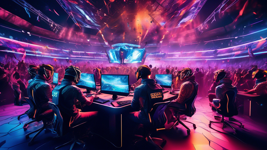 Create an image depicting a vibrant scene from a breakthrough gaming competition in 2022. Highlight a dynamic match between players of an emerging game with an innovative format. Capture the excitement of the audience and the energy of the event, showing viewers and commentators in awe. Include elements such as futuristic gaming setups, diverse participants, and a lively, well-lit stage that emphasizes the game