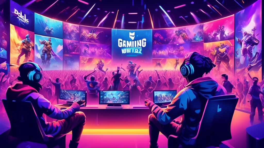 Prompt for DALL-E: 

Create an image depicting fans engaging with the top gaming competitions of 2022. Show an exciting, vibrant scene with multiple screens displaying live streams of popular esports tournaments in the background, such as The International, League of Legends World Championship, and Fortnite World Cup. Include social media icons and platforms like Twitch, YouTube Gaming, and Twitter playing a crucial role. Highlight enthusiastic fans participating through mobile devices, computers, and some fans attending a packed arena, holding tickets and wearing team merchandise. Ensure the overall atmosphere is energetic and immersive, capturing the excitement and community spirit of esports fandom in 2022.