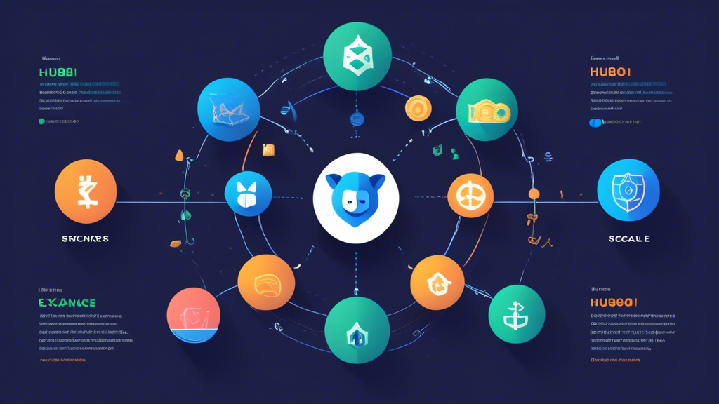 Create an image that showcases a balanced scale with icons representing various benefits and drawbacks of using Huobi Exchange. On one side of the scale, show icons like a secure shield, a smiling face for user-friendly interface, a diverse array of cryptocurrency symbols, and a piggy bank for additional services like loans and savings. On the other side, depict icons like a government regulation symbol, a coin with a percentage sign for fees, and a world map highlighting restricted areas. Above the scale, place a heading that reads Ventajas y Desventajas de Usar Huobi Exchange in clear, bold letters.