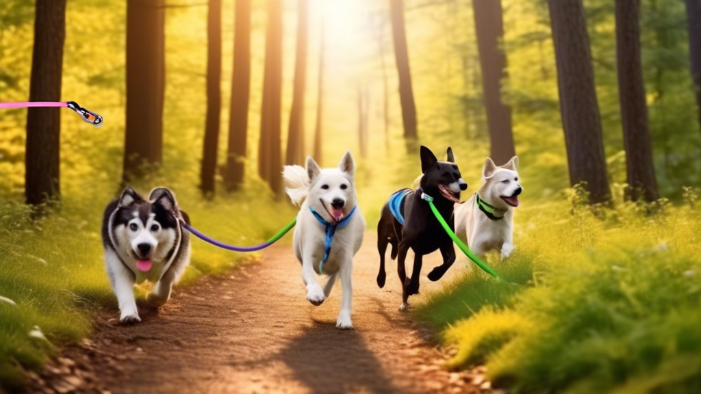 /Imagine an image featuring a variety of dog running leads displayed on a backdrop of a scenic running trail. The display should include budget-friendly options on one side and premium choices on the other, each with highlighted features. The budget-friendly leads should be colorful and practical, while the premium leads should look more robust and sophisticated. Several user reviews in cursive text are scattered around the leads, giving a sense of real feedback and satisfaction. A happy, energetic dog and a smiling runner should be shown in the background, emphasizing joy and practicality. Highlights like budget-friendly and premium quality should be vivid for emphasis./