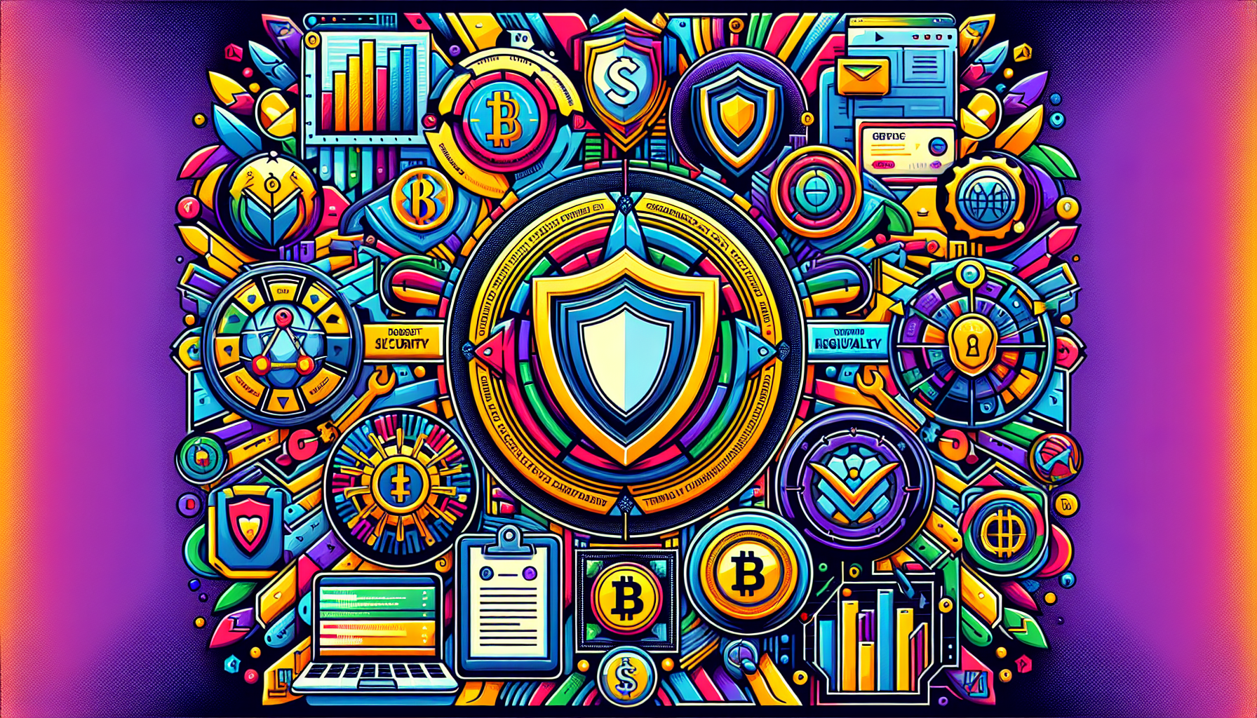 Create an image that illustrates the top criteria for selecting the best crypto trading platform, highlighting the key aspects: robust security and regulatory compliance, an intuitive user interface and seamless user experience, competitive trading fees and advanced features, and a wide range of supported cryptocurrencies and trading pairs. The image should feature graphical representations of these criteria, such as security shields, a user-friendly dashboard, fee charts, and various cryptocurrency icons.