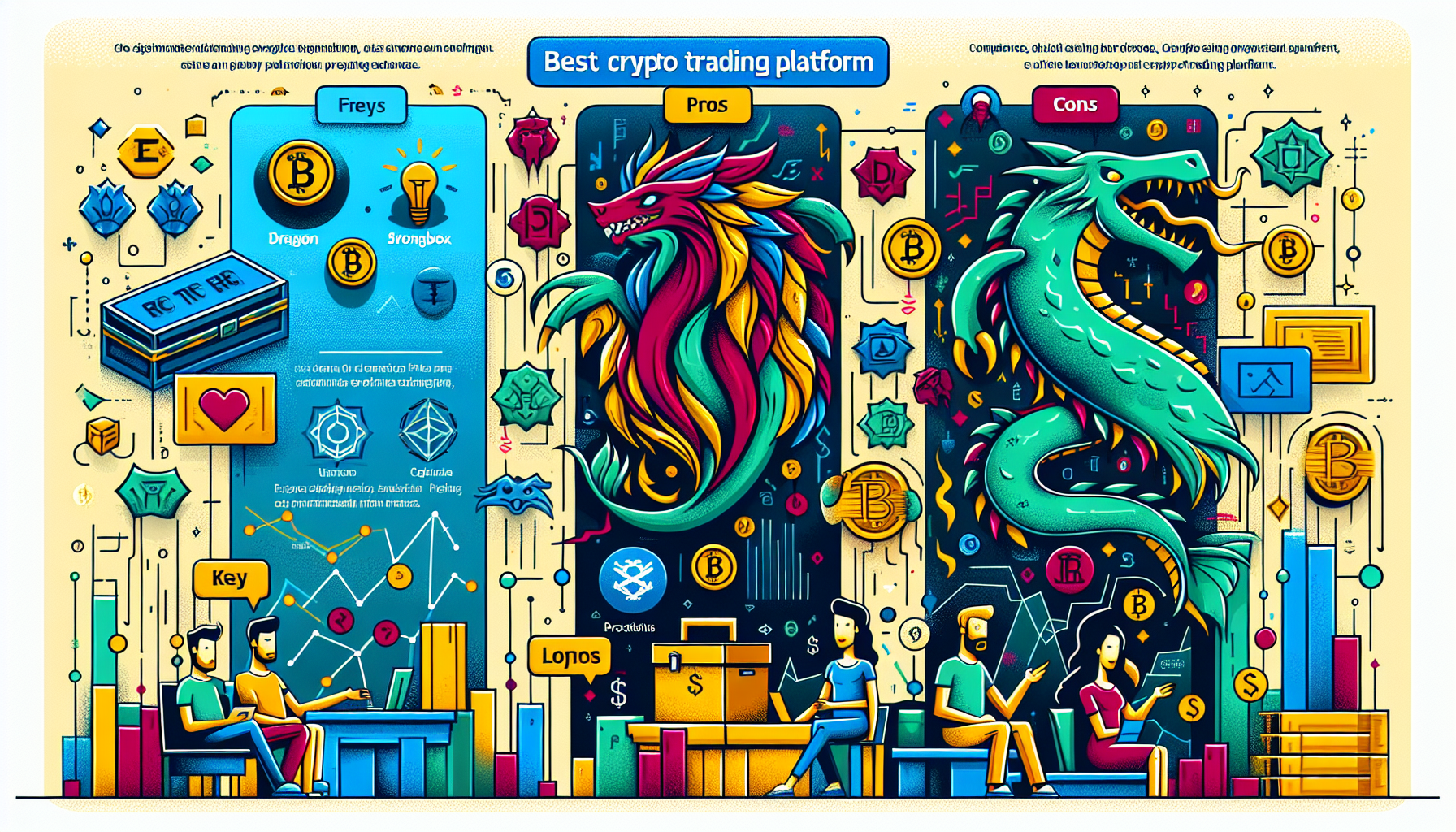 Create an image showcasing a side-by-side comparison of leading crypto trading platforms like Binance, Coinbase, and Kraken. Each platform should be represented with its logo, a list of key features, pros and cons, and user testimonials. The background should have a tech and finance theme, with elements like charts and cryptocurrency icons subtly incorporated. Include a Best Crypto Trading Platform title at the top.
