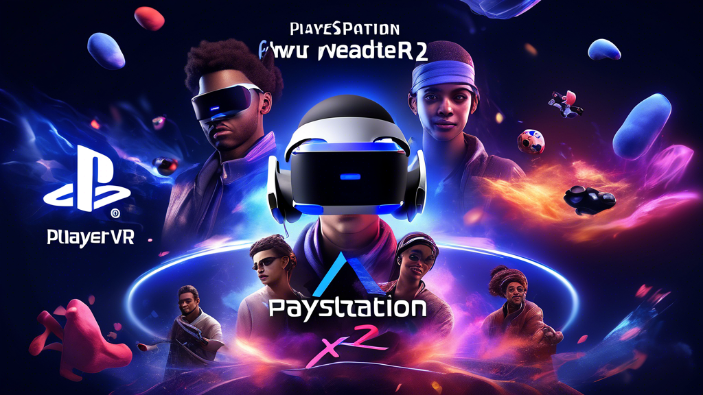 Create an image featuring an immersive gaming scene with players using the PlayStation VR 2 headset. Highlight exclusive, hyper-realistic game titles, showcasing vibrant, interactive environments. Include elements like improved gameplay mechanics with the headset’s advanced haptic feedback and adaptive triggers, giving a sense of intense immersion. Show diverse characters and actions within the games, hinting at a mix of current hits and future releases.
