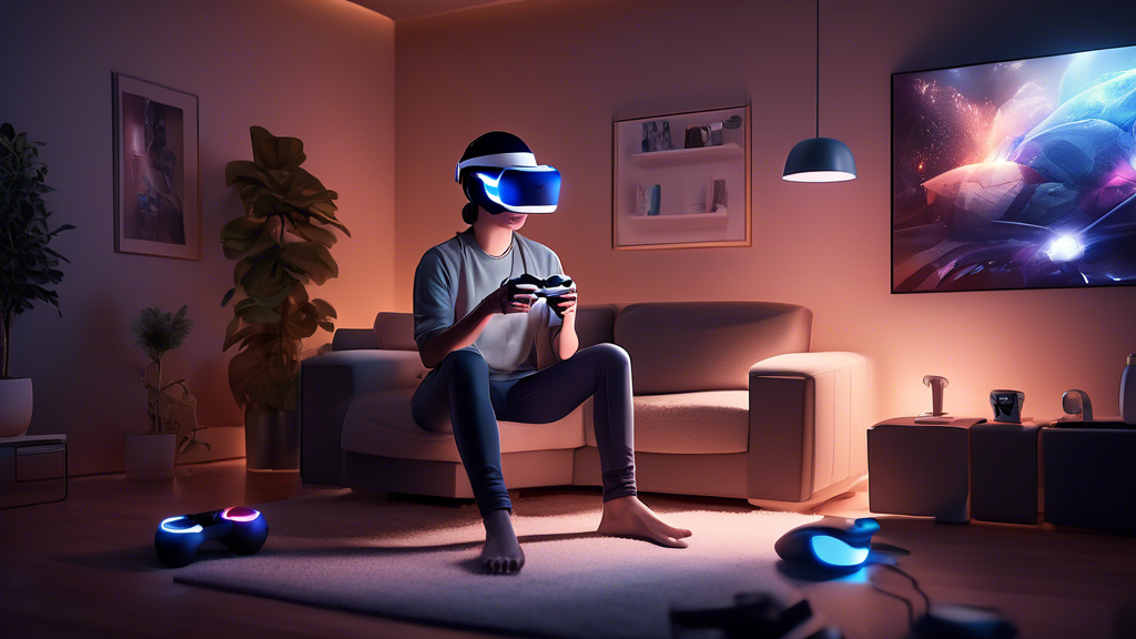 Illustrate a scene where a person is setting up their PlayStation VR 2 headset in a modern living room. The image should show them connecting the headset to a PlayStation console, adjusting the head straps for comfort, and looking at the instruction manual for guidance. The room should have a comfortable, gamer-friendly atmosphere with subtle LED lighting and gaming posters on the wall.