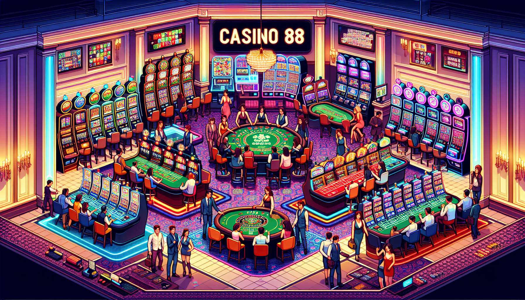 Create an image depicting a vibrant and enticing casino floor showcasing the variety of games available at Casino 888. The scene should include colorful and engaging slot machines, diverse table games like blackjack and roulette, and a live dealer section with smiling, professional dealers. The image should reflect the high-quality design and immersive experience, capturing the thrill and variety of Casino 888 games. 

**Prompt for DALL-E:** A vibrant and bustling casino floor at Casino 888 showcasing a variety of games. Include colorful slot machines, crowded blackjack and roulette tables, and an elegant live dealer section. The environment should be inviting and energetic, with players enjoying themselves and professional dealers in uniform, emphasizing the quality and variety of games available at Casino 888.