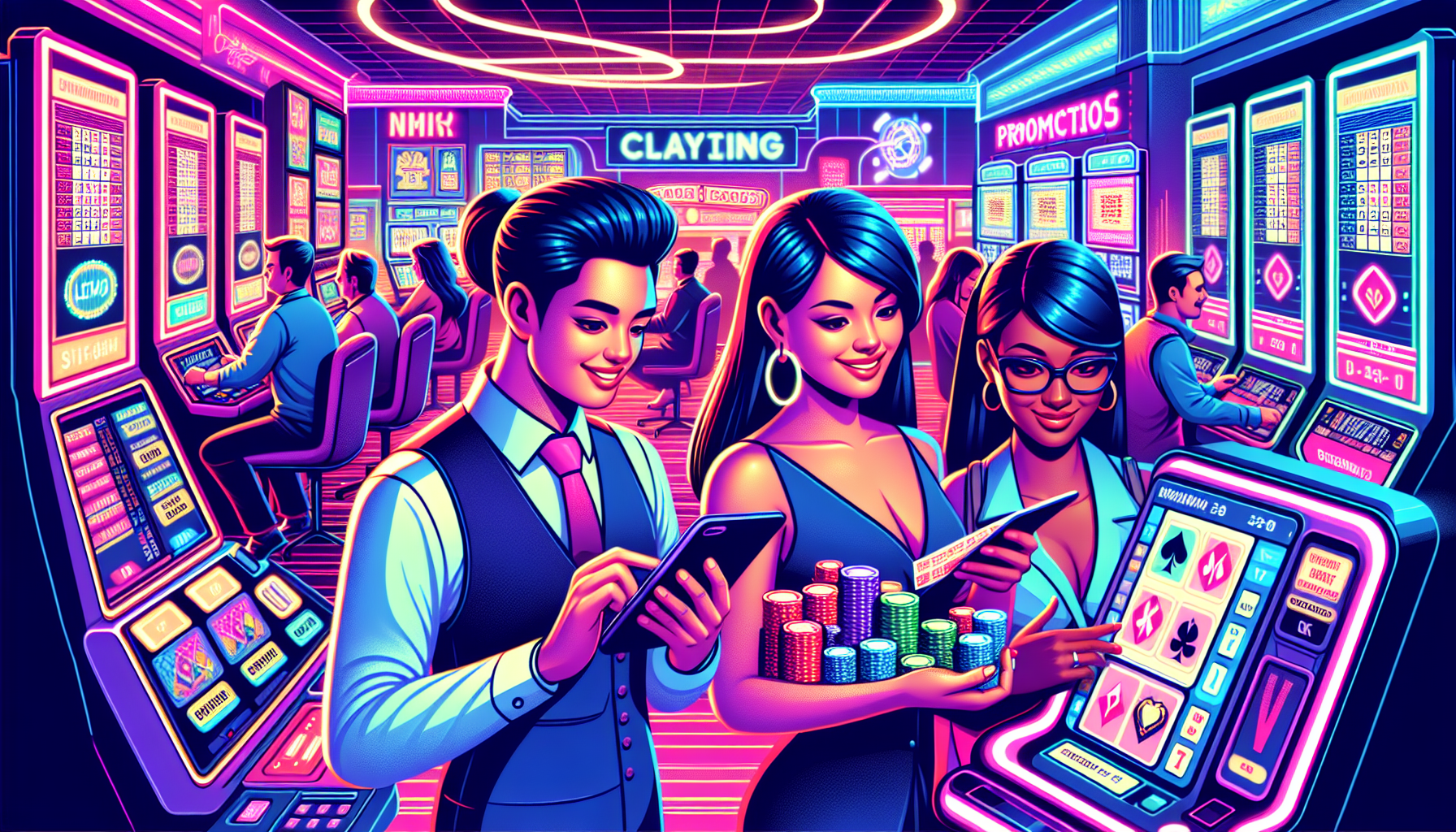 A dynamic illustration showing a diverse group of players at Casino 888, each engaging in various actions to enhance their gaming experience. One player studies a strategy guide, another uses a calculator to manage their bankroll, and a third claims a bonus or promotion on their mobile phone. The backdrop features a vibrant casino floor with slot machines, tables, and promotional banners, capturing the essence of strategic gaming at Casino 888.