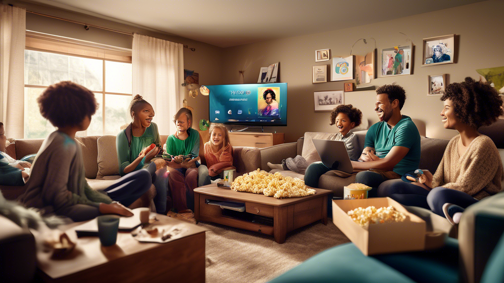 Create an image that shows a cheerful family gathered in a cozy living room, snuggled on a couch with popcorn, tablets, and laptops. The TV is displaying the Peacock Plus interface featuring a mix of icons for movies, series, and exclusive events. Some family members are shown using different features like offline downloads and optimized streaming settings on their devices. Include a banner on the TV screen that highlights Exklusive Events und Specials. Emphasize a warm, inviting atmosphere with subtle branding elements of Peacock Plus.