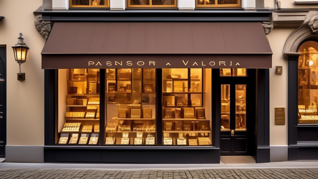 Prompt: An elegant chocolate boutique in a quaint European village street in Belgium, with warm golden lighting spilling onto the cobblestone. Displayed prominently in the shop window are exquisitely wrapped luxury chocolate bars from renowned makers like Godiva and Valrhona, each bar accompanied by a small description card highlighting its unique origins and craftsmanship. Passersby, dressed in chic attire, glance with interest at the array of gourmet chocolates showcased against a backdrop of rich, dark wooden shelves filled with carefully arranged chocolates from around the world, signaling an experience of high-quality chocolate indulgence.