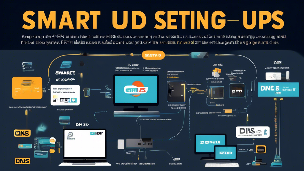 A detailed infographic showing the step-by-step process of setting up Smart DNS for accessing ESPN+ across multiple devices: a Smart TV, a computer, a mobile phone, and a gaming console. The infographic should feature clear illustrations of each step, starting with choosing a reliable Smart DNS provider, configuring the Smart DNS on each device, and finally verifying the setup to access ESPN+ content.