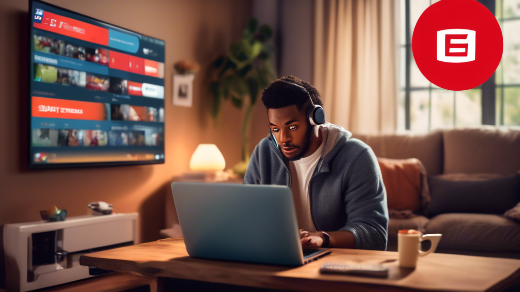 Create an image showing a person troubleshooting their Smart DNS settings on a laptop while trying to stream ESPN+. The background features a cozy living room with a television showing a blurry sports game, hinting at streaming issues. Include pop-up error messages on the laptop screen indicating DNS Error and Connectivity Problem. Add elements such as a Wi-Fi router and network cables to emphasize the networking aspect of the troubleshooting process.