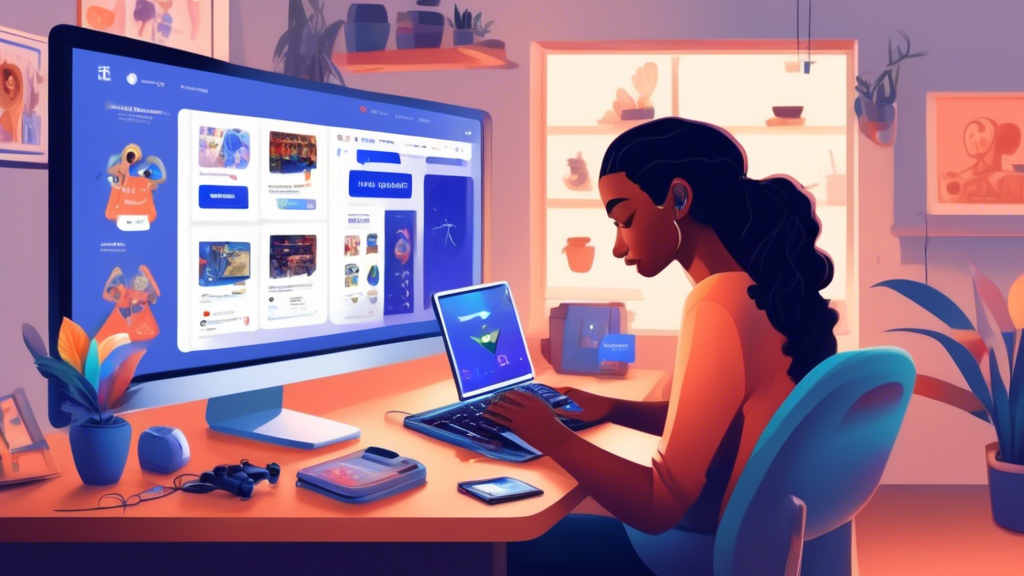 An illustrated guide showing a person using a laptop, with the eBay website open to a PlayStation 4 search page. The screen displays advanced search filters, and the person is setting up price alerts while various PS4 listings are visible. Around the laptop, icons and symbols illustrate checking seller ratings and timing bids during an auction. The background features an organized workspace with game-related decor, hinting at enthusiasm for gaming.