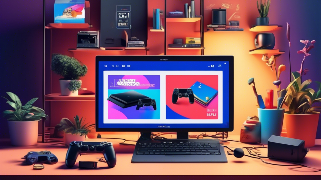 Create a digital illustration that captures the essence of buying a PlayStation 4 on eBay. The scene should feature a user enthusiastically browsing eBay on a laptop, with images of PlayStation 4 consoles in various conditions (new, used, refurbished) displayed on the screen. Emphasize key factors like included accessories, different PS4 models, and price tags. Include visual elements that represent trustworthy listings, such as high seller ratings and positive reviews, to signify a smart and informed purchase decision. The overall mood should be informative and uplifting, conveying the excitement of finding the perfect PS4 deal on eBay.