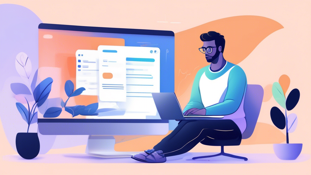 Create an illustration of a person sitting at a desk, signing up for an IPVanish trial on their laptop. The background should feature a step-by-step visual guide, including creating an account, downloading the app, and activating the trial period, all displayed in a clear and engaging manner. The scene should portray ease-of-use and simplicity, emphasizing the steps to sign up for the IPVanish trial.