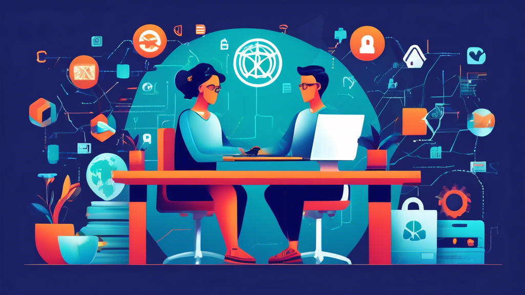 Create an illustration that shows a person confidently sitting at a desk with a computer, surrounded by icons representing different methods to unblock web proxies online. These icons should include a VPN logo, DNS settings symbol, and a proxy website tool. Make sure the scene has a feel of modern technology and security, with a clean, detailed design that captures the essence of safe and effective online practices.