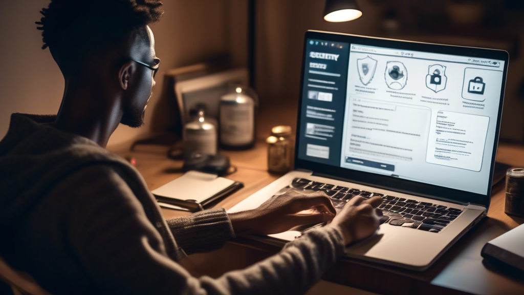 A person using a laptop in a cozy, well-lit room, with an illustrated web page in the background showing various security icons (like shields, locks, and padlocks). The person is taking notes on best practices for maintaining online privacy, with tips listed on a nearby notepad such as 
