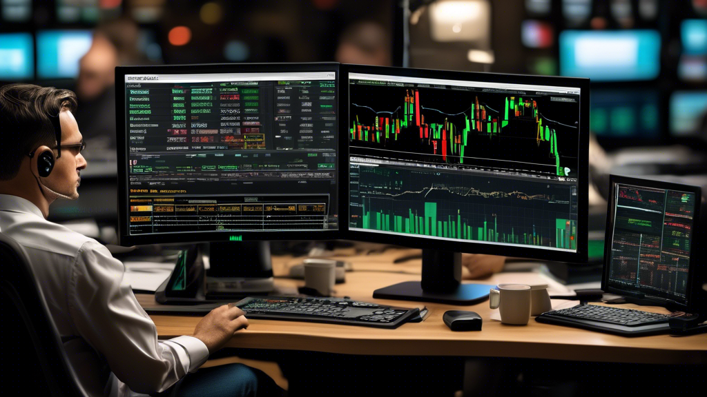 Create an image that features a trader using the Thinkorswim platform, focusing on charts and futures contracts. The screen displays a clear layout of margin levels and indicators. Include visual elements like graphs, numbers, and alerts that highlight margin usage and risk management. The surrounding scene should include items like a financial newspaper, notebook, and a cup of coffee, indicating a dedicated trading environment focused on efficient margin management. Ensure the overall atmosphere conveys a sense of strategic and thoughtful planning.