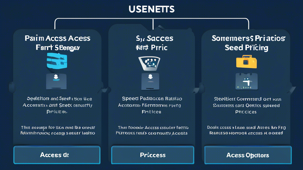 Create an image that illustrates the key criteria for selecting the best Usenet servers. Show a comparison chart with three main columns: Storage and Access Speed, Privacy and Security, and Price-Performance Ratio and Pricing Options. Use icons to represent each criterion, including a speedometer for access speed, a padlock for security, a dollar sign for pricing, and UIs showing different pricing plans. The background should be a sleek, modern design with a hint of tech ambiance, such as subtle circuit patterns or digital interface elements.