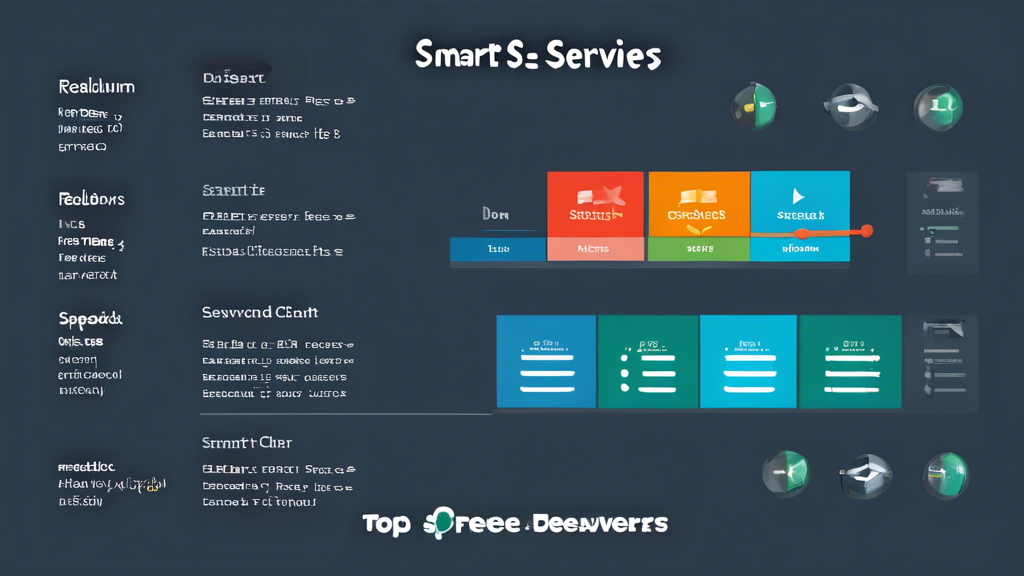 Create an image showcasing a comparison chart of top free Smart DNS servers. The chart should feature multiple columns with sections like Server Name, Speed, Reliability, and User Feedback, and it should include icons or symbols that represent speed (like a speedometer), reliability (like a shield), and user feedback (like thumbs-up or stars). Surround the chart with subtle graphics of devices such as a laptop, smartphone, and tablet to indicate versatility.