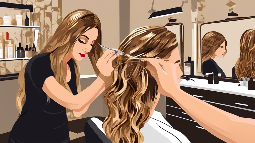 Create a detailed illustration of a hair salon with a stylist expertly applying bronde foils to a client