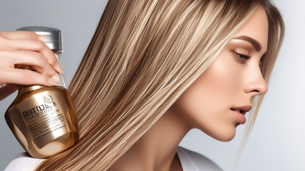 A highly detailed image of a woman with beautiful bronde foils, showcasing a perfect blend of brunette and blonde tones. She is sitting in a modern, well-lit salon, with a close-up focus on her hair to highlight the intricacy of the color and blending. She is holding a premium bottle of color-protecting shampoo in one hand, and in the background, there