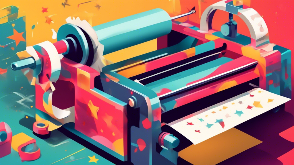 A hand turning a crank on a machine that produces sheets of paper with five-star reviews on them. The machine should look friendly and approachable.