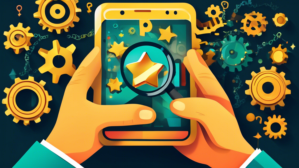 A hand holding a magnifying glass over a smartphone displaying a 5-star review, with a golden key superimposed over the review and gears turning in the background to represent automation.