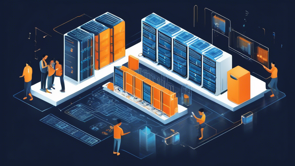 Create an image that highlights the benefits of using AWS Servers: Show a modern data center with multiple servers, emphasizing key advantages such as scalability and flexibility, cost-efficiency, robust security measures, and high availability and reliability. Use icons or labels to illustrate each benefit clearly around the data center imagery.