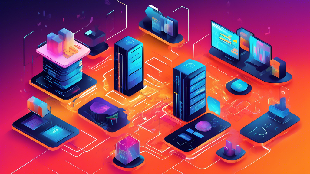 Create an image that showcases the diverse use cases of AWS Servers. Include elements depicting Cloud-Hosting for websites and applications, data analysis and Big Data solutions, software development and testing environments, and hybrid and multi-cloud strategies. Use a modern, digital art style with vibrant colors to represent the dynamic and versatile capabilities of AWS Servers.