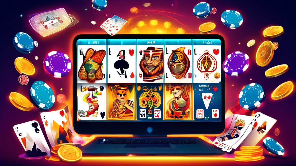 Create an artistic and vibrant digital illustration showcasing a selection of the best poker sites for 2023. The image should feature a stylized laptop or computer screen displaying an array of poker game interfaces with colorful cards, chips, and player avatars. Include visual elements representing welcome bonuses, loyalty programs, and tournaments, such as golden coins, trophies, and badges. Surround the screen with symbols of user ratings and expert reviews, emphasizing a comparison of unique features that distinguish these poker sites. The overall composition should convey a sense of excitement and professionalism in the online poker world.