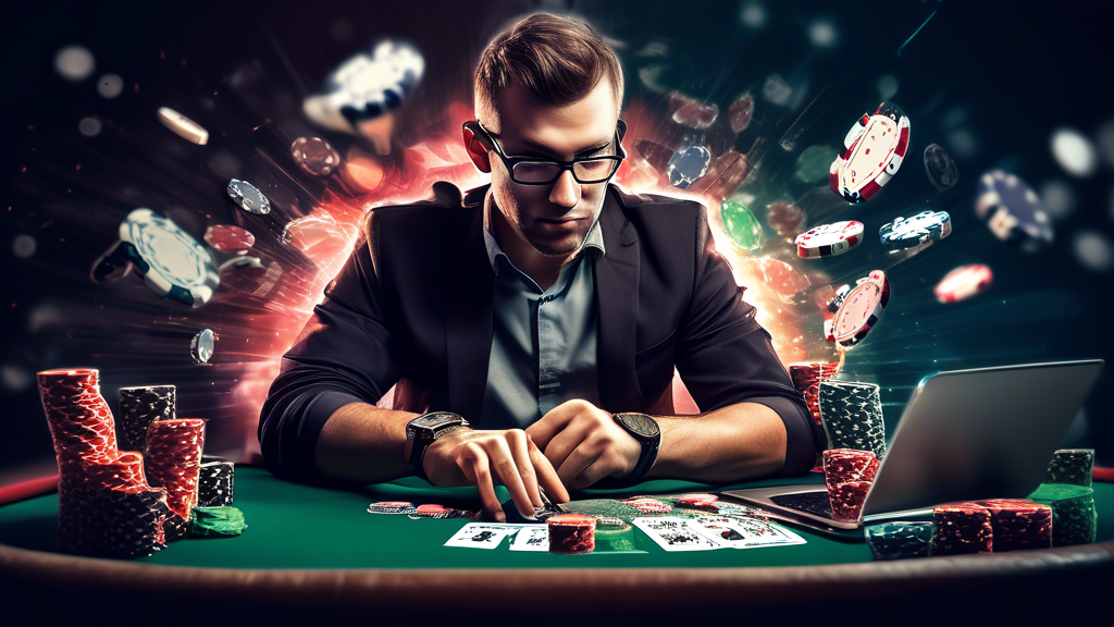 Create an engaging and visually dynamic illustration that captures the essence of strategies to maximize winning potential on online poker sites. The image should depict a focused poker player at a digital table, analyzing different game strategies displayed on their laptop. Include elements like poker chips and cards, alongside visual representations of bankroll management charts and skill improvement resources like books or online tutorials. The background should feature a vibrant, high-tech online poker interface showcasing various games, emphasizing the excitement and complexity of playing on the best poker sites. Use a blend of warm and cool colors to create an appealing atmosphere that inspires both focus and fun.