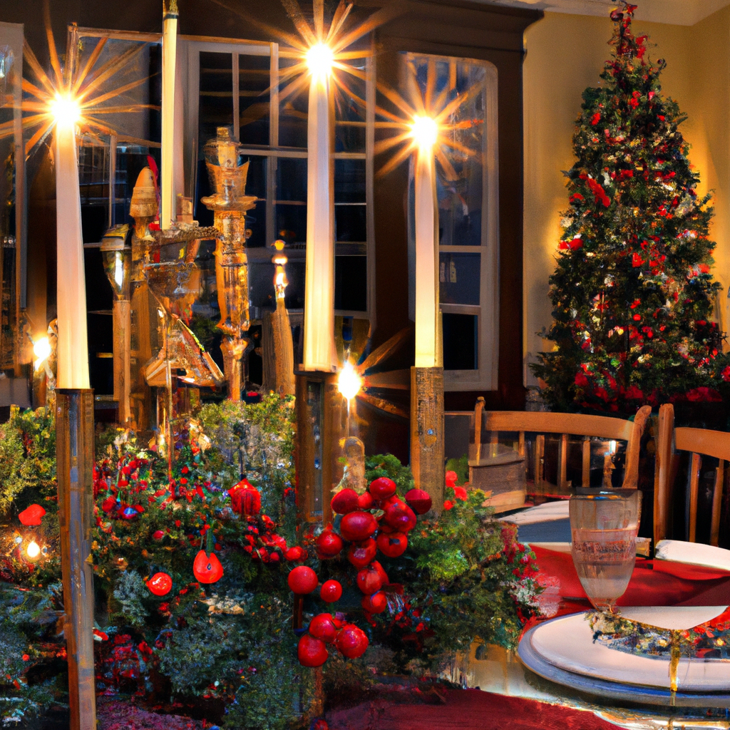 An elegant holiday dining table adorned with an enchanting centerpiece featuring Christmas pillar candles. The candles are surrounded by festive greenery, red berries, and golden ornaments, illuminating the cozy, warm ambiance. In the background, a decorated living room with glowing Christmas pillar candles creating a snug atmosphere, and a front porch adorned with pillar candles lighting up the night, providing a welcoming holiday glow.