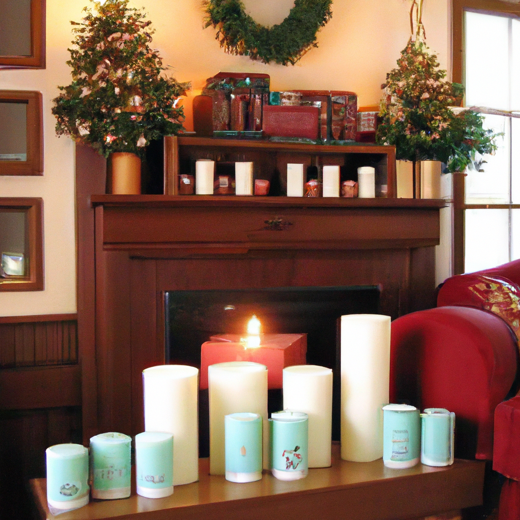 A cozy holiday living room decorated with eco-friendly Christmas pillar candles in various sizes and festive scents. The candles are placed on a mantle and a coffee table, surrounded by safety essentials like candle holders and flame guards. The room also features a detailed view of a storage box labeled 