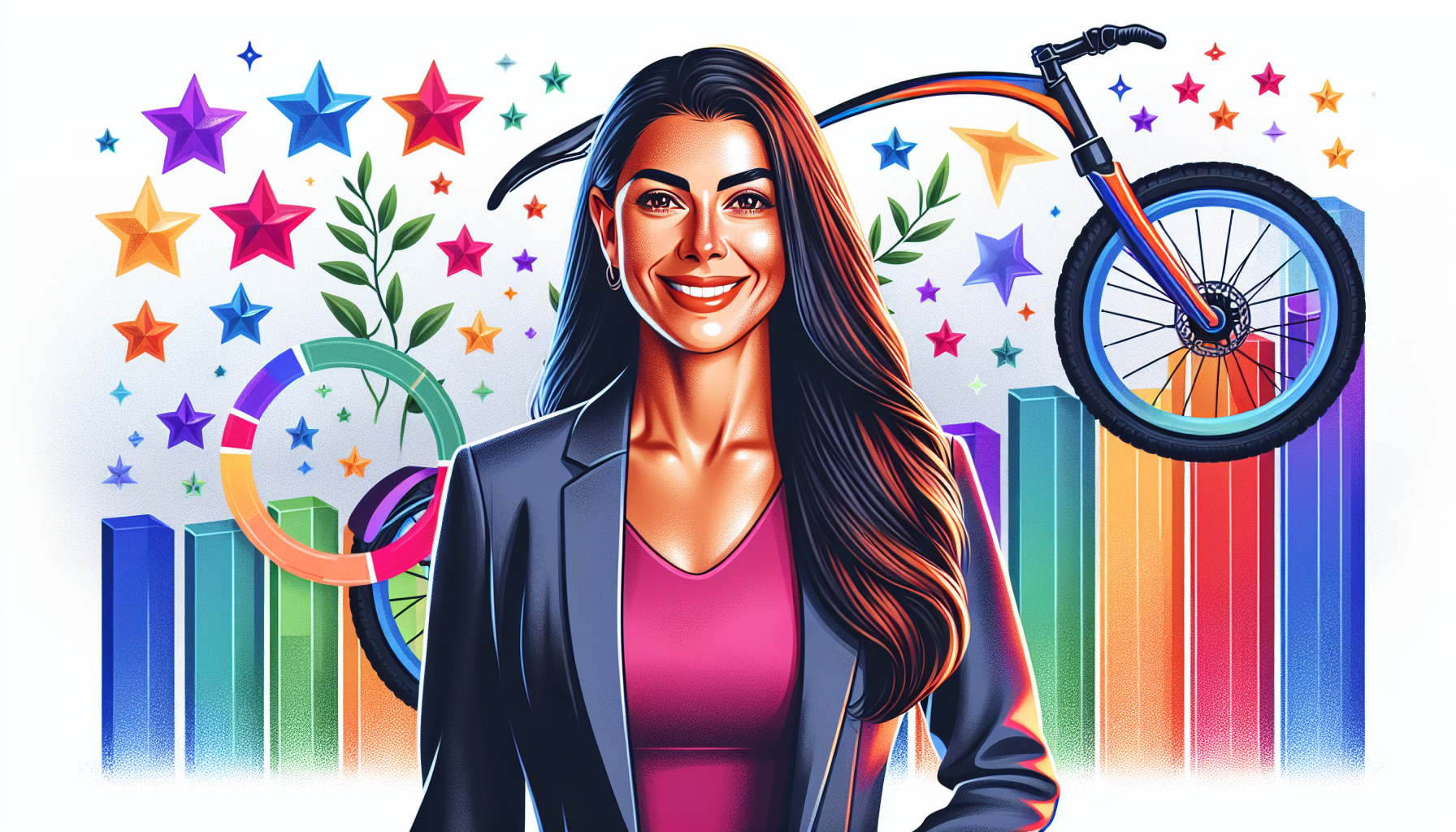 Portrait of a confident and approachable bike accident attorney in Phoenix, with a background of positive client testimonials and success graphs depicting high win rates in bike-related cases.