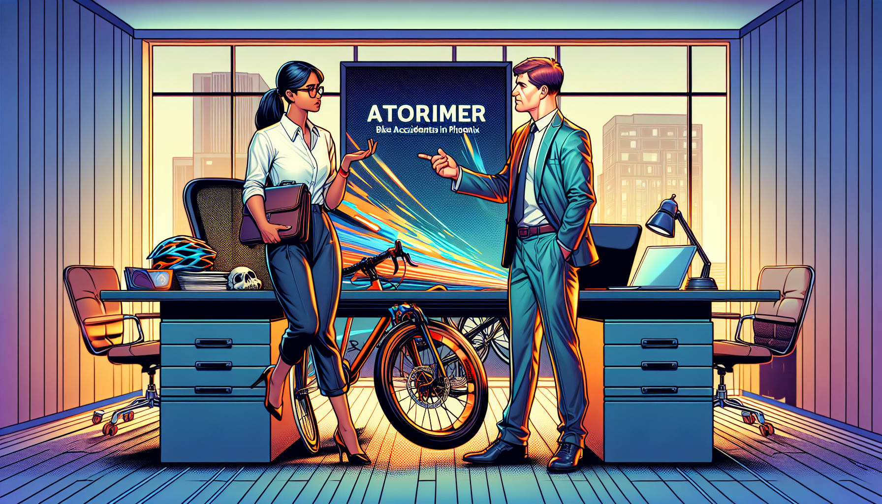 An engaging consultation scene at a modern law office where a potential client is discussing with a Phoenix bike accident attorney. They are surrounded by cycling gear, legal documents, and a bicycle in the background, symbolizing the attorney
