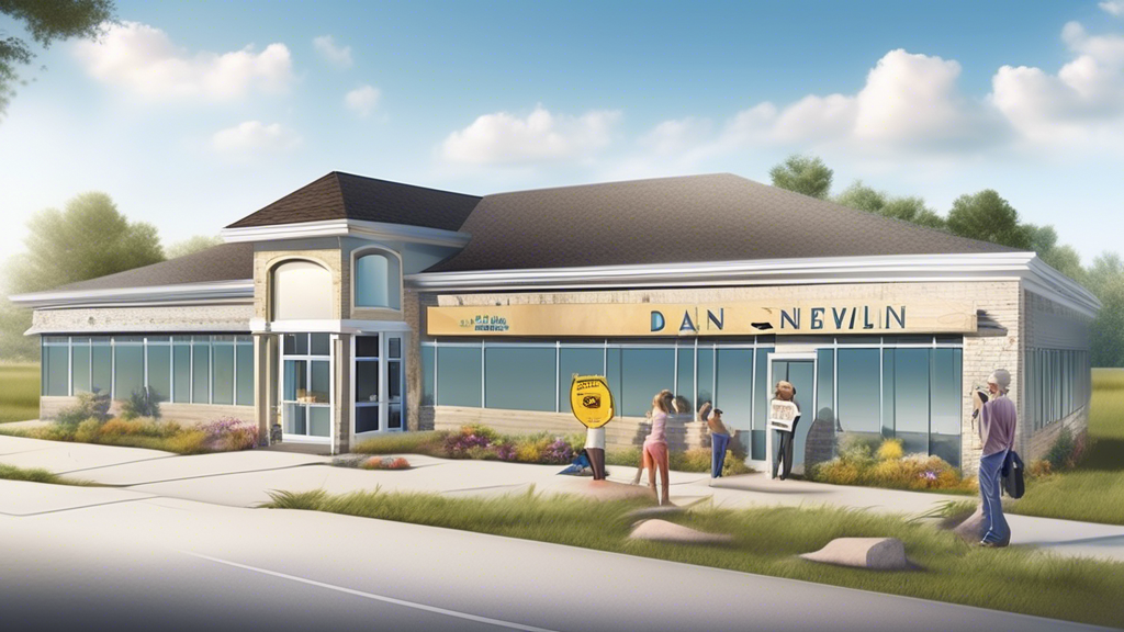 Create an image that showcases Dan Newlin’s positive impact on the Sand Lake Road community. The scene should include a modern legal office with a visible sign reading Dan Newlin on Sand Lake Road. Surrounding the office, illustrate community engagement activities such as a charity event or outreach program. Include people smiling and interacting, showcasing a sense of community and support. Highlight notable case files or documents symbolically illustrating successful legal outcomes. Incorporate subtle legal symbols like scales of justice to emphasize the legal aspect.