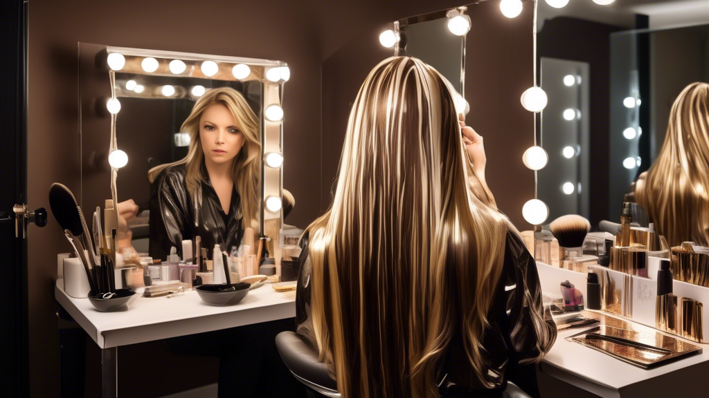 Create an image of a person at home in front of a mirror, applying brown and blond foils to their hair. The scene should include a clear, well-lit workspace with all the essential tools and products neatly organized: highlighting foils, a comb, hair clips, hair dye, and gloves. The person should have a determined expression, carefully placing a foil in their hair while following detailed, step-by-step instructions, which are visible either in a booklet or on a tablet screen nearby. The overall atmosphere should be one of focus and empowerment, emphasizing the DIY aspect of the hair highlighting process.