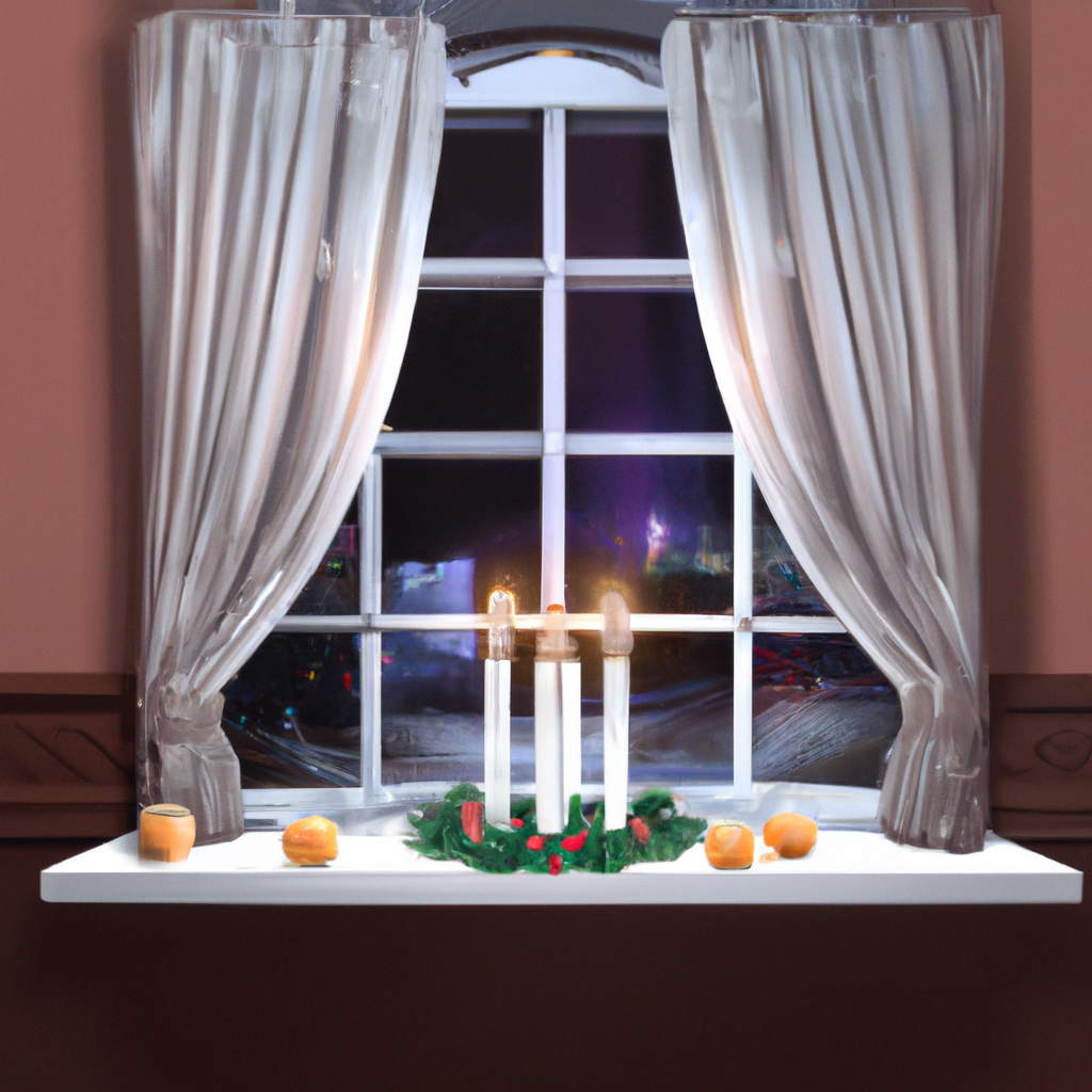 Create an image of a cozy living room showcasing window candles. The window candles emit a warm light that enhances the ambiance. The room is decorated with seasonal items, featuring a Christmas wreath, and the window candles are paired with reflective surfaces like a mirror and additional soft lighting like string lights draped over a rustic wooden mantel. The scene should exude warmth and comfort, highlighting the combination of traditional and modern decor elements to create an inviting atmosphere.