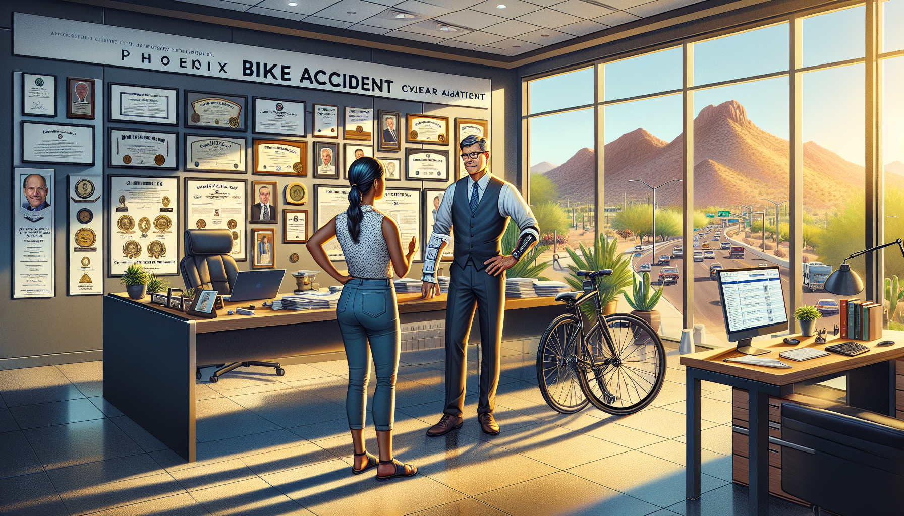 Visualize a highly detailed scene in a modern, open-plan law office in Phoenix. Prominently featured is an experienced bike accident lawyer, in his fifties, with a confident and compassionate expression, reviewing a large wall filled with commendations and client testimonials. The lawyer, dressed in smart-casual attire, is engaged in an animated conversation with a potential client, a young female cyclist with a cast on her arm. The office is adorned with images of Phoenix landmarks and cycling memorabilia, symbolizing deep local roots and specialization in bike accidents. Bright sunlight streams in through large windows, emphasizing a theme of clarity and transparency, while a large desktop screen displays an ongoing communication software, signifying constant contact with clients. The overall ambiance conveys trust, expertise, and dedication, pertinent to selecting a Phoenix bike accident lawyer with a strong track record and commitment to clear communication.