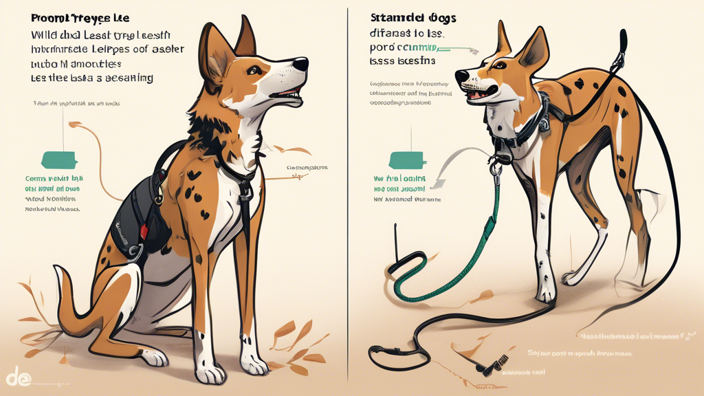 Prompt for DALL-E: An illustration comparing different types of leashes for wild dogs. On the left side, a wild dog is shown with a retractable leash, highlighting its pros and cons. On the right side, the same wild dog is depicted with a standard leash, detailing its features. Below them, real-world scenarios portray the use of specialty leashes for hiking, training, and running. The background includes various materials like nylon, leather, and metal signifying durability, and there’s a balanced view showcasing the pros and cons of each type.