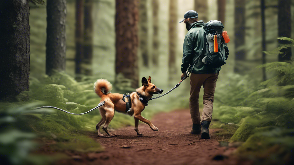 Create an image showing a person holding a rugged, durable leash while walking through a forest with a wild dog. The person is demonstrating proper leash handling techniques, ensuring safety and control. In the background, include a small gear setup that showcases leash maintenance tools like cleaning supplies and spare parts. Highlight the bond and harmony between the person and the wild dog to emphasize successful leash introduction and usage.