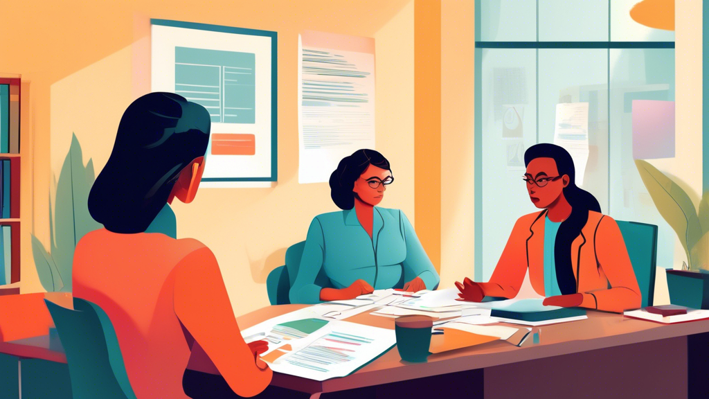 Create an illustration that shows a concerned family member sitting in an office, engaged in conversation with a professional attorney. There should be visible elements like legal documents, a checklist with questions, and a chart showing different payment structures on the attorney