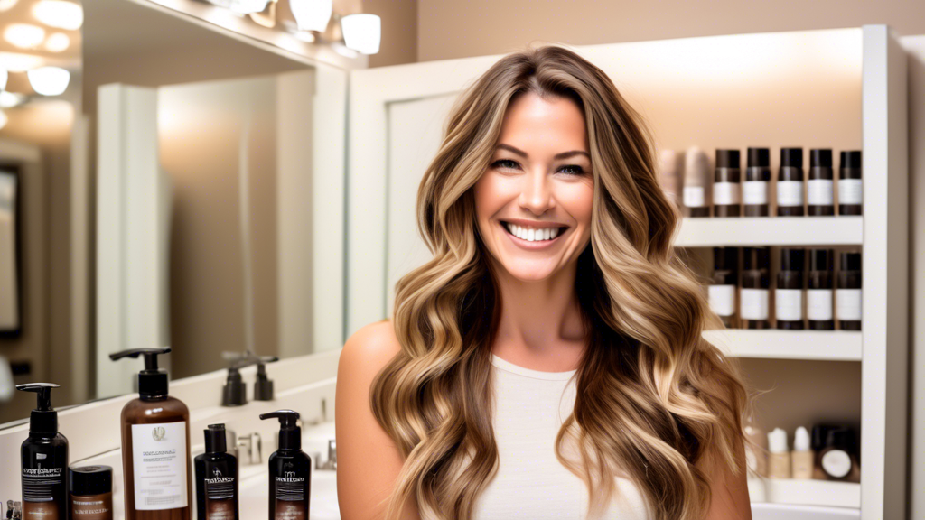 A photograph of a woman with beautifully maintained brown and blonde highlights on her brown hair. She is smiling and her hair is styled in loose waves, showcasing how the highlights blend seamlessly. In the background, there is a modern bathroom with various hair care products displayed on the counter, including shampoos, conditioners, and hair masks specifically for color-treated hair. Text overlays on the image include tips like Essential Hair Care Tips to Keep Highlights Vibrant, Recommended Products for Color-Treated Hair, and Styling Ideas and Trends. The overall lighting should be soft and natural, emphasizing the shine and health of her hair.