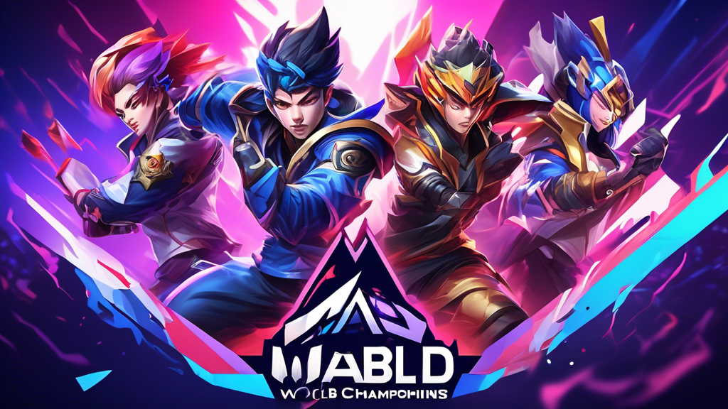 Create an image that features an intense eSports championship stage for the MLBB M4 World Championship. The scene should include profiles of standout players spotlighted on a vibrant, high-tech stage, showcasing their focused expressions and intense gameplay. MVPs should be highlighted in particular, with vibrant graphics indicating their extraordinary skills and game-changing moments. The backdrop should feature dynamic visual effects representing hero picks and team compositions, with a packed audience in the stands, fully immersed in the electric atmosphere of the championship event.