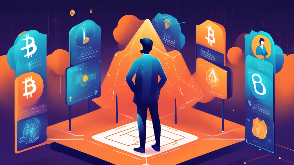 Create an illustrative image of a person standing at a crossroads with multiple signposts, each representing different criteria for choosing the best crypto broker: needs and objectives, risk evaluation, experience level, and making an informed decision. Surround the scene with icons of cryptocurrencies (Bitcoin, Ethereum, etc.) and tools like charts and graphs to depict the evaluation process.