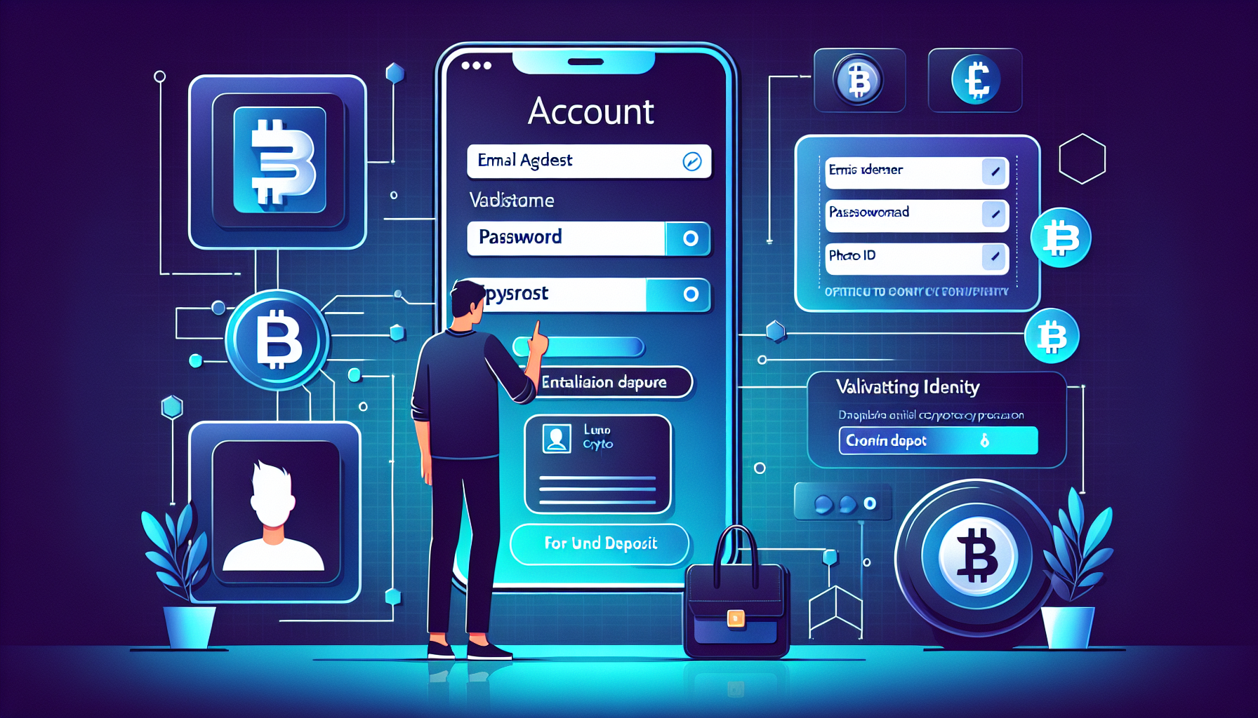 Create an image depicting the initial user experience of starting with Luno Crypto: A user is registering on the Luno Crypto platform, a digital screen showing the registration process with fields for email and password, identity verification steps with a photo ID being uploaded, and the initial account setup complete with icons for depositing funds and buying cryptocurrency. The scene should have a clean, modern, and user-friendly interface design, with vibrant colors and a focus on security and ease of use.
