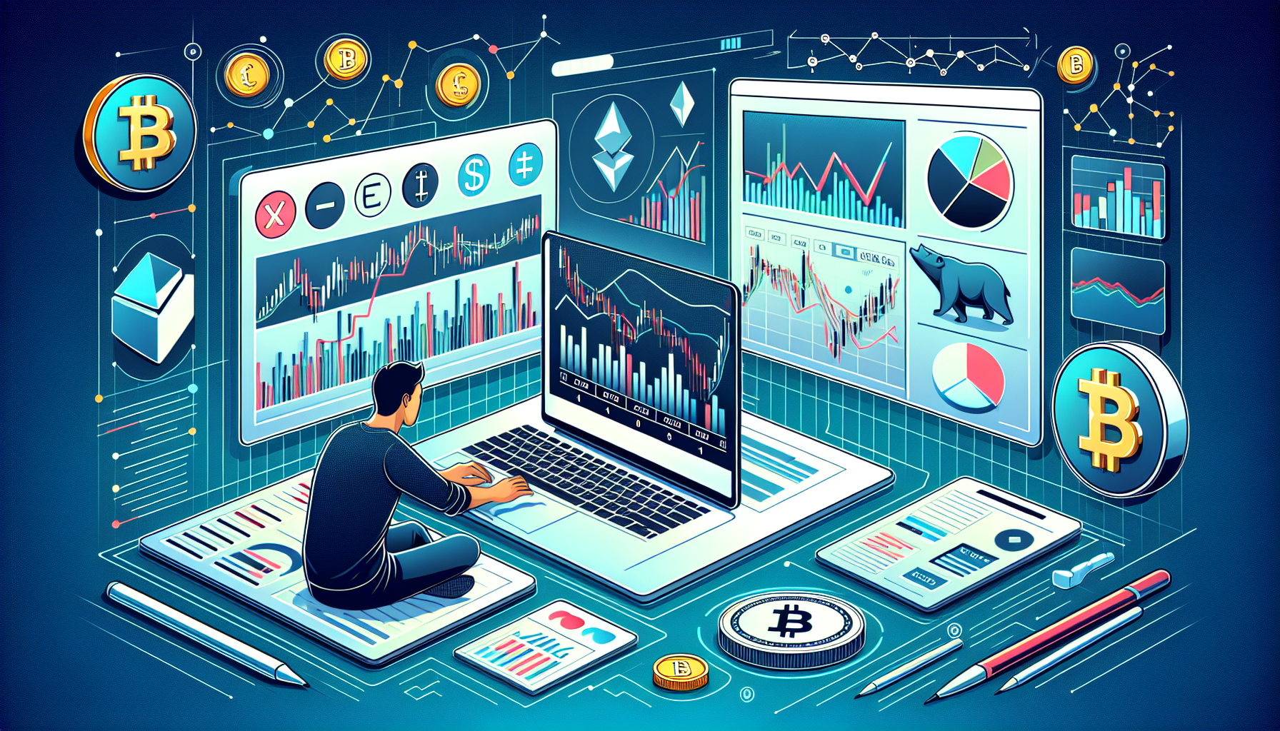 Create an image that shows a modern, sleek-looking user interface of a cryptocurrency trading platform with analytical charts, graphs, and tools displayed prominently. The scene should depict a user engaging with the platform on their laptop, analyzing market trends, and strategizing investments. Include elements like Bitcoin and Ethereum icons, various cryptocurrency charts, and a clean dashboard layout to highlight the advanced capabilities and analytical features of Luno Crypto.