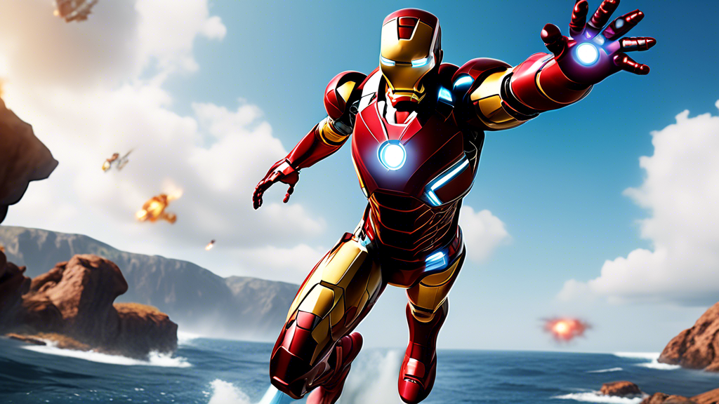 Render a vibrant, action-packed scene of Iron Man VR on PS4. Show Iron Man soaring through detailed, immersive in-game environments with the PS4 VR headset, highlighting advanced gameplay mechanics. Include visuals of Iron Man using hand-mounted jet thrusters and repulsor beams, engaging in a dynamic mission. The PS4 console and controllers should be visible, emphasizing the seamless integration of VR controls and the futuristic HUD elements. Capture the sense of excitement and immersion unique to this VR experience.