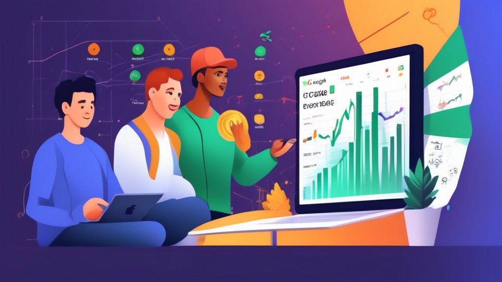 Create an image that illustrates the benefits of using the Google Finance Crypto List for investors. The scene should depict a diverse group of enthusiastic investors, gathered around a computer screen with the Google Finance Crypto List displayed prominently. Include visual elements like stock charts, upward trends, and happy expressions to convey positive investment decision-making. Add a subtle comparison feature showing other cryptocurrency tracking tools in the background, emphasizing Google Finance’s advantages.